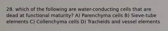 28. which of the following are water-conducting cells that are dead at functional maturity? A) Parenchyma cells B) Sieve-tube elements C) Collenchyma cells D) Tracheids and vessel elements