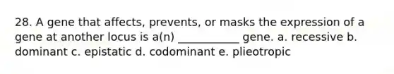 28. A gene that affects, prevents, or masks the expression of a gene at another locus is a(n) ___________ gene. a. recessive b. dominant c. epistatic d. codominant e. plieotropic