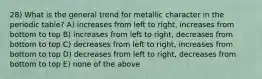 28) What is the general trend for metallic character in the periodic table? A) increases from left to right, increases from bottom to top B) increases from left to right, decreases from bottom to top C) decreases from left to right, increases from bottom to top D) decreases from left to right, decreases from bottom to top E) none of the above