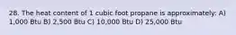 28. The heat content of 1 cubic foot propane is approximately: A) 1,000 Btu B) 2,500 Btu C) 10,000 Btu D) 25,000 Btu