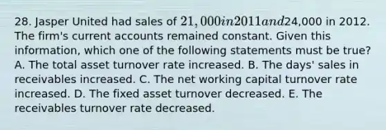 28. Jasper United had sales of 21,000 in 2011 and24,000 in 2012. The firm's current accounts remained constant. Given this information, which one of the following statements must be true? A. The total asset turnover rate increased. B. The days' sales in receivables increased. C. The net working capital turnover rate increased. D. The fixed asset turnover decreased. E. The receivables turnover rate decreased.