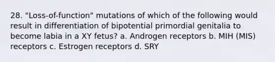 28. "Loss-of-function" mutations of which of the following would result in differentiation of bipotential primordial genitalia to become labia in a XY fetus? a. Androgen receptors b. MIH (MIS) receptors c. Estrogen receptors d. SRY