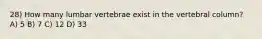 28) How many lumbar vertebrae exist in the vertebral column? A) 5 B) 7 C) 12 D) 33