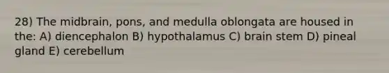 28) The midbrain, pons, and medulla oblongata are housed in the: A) diencephalon B) hypothalamus C) brain stem D) pineal gland E) cerebellum