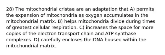 28) The mitochondrial cristae are an adaptation that A) permits the expansion of mitochondria as oxygen accumulates in the mitochondrial matrix. B) helps mitochondria divide during times of greatest cellular respiration. C) increases the space for more copies of the electron transport chain and ATP synthase complexes. D) carefully encloses the DNA housed within the mitochondrial matrix.