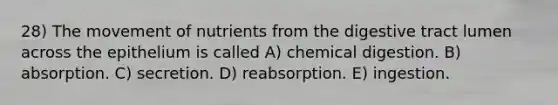 28) The movement of nutrients from the digestive tract lumen across the epithelium is called A) chemical digestion. B) absorption. C) secretion. D) reabsorption. E) ingestion.