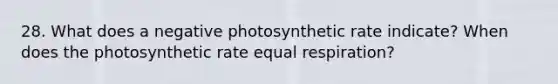 28. What does a negative photosynthetic rate indicate? When does the photosynthetic rate equal respiration?