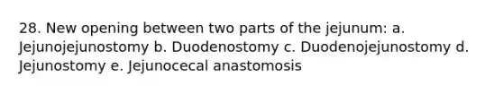 28. New opening between two parts of the jejunum: a. Jejunojejunostomy b. Duodenostomy c. Duodenojejunostomy d. Jejunostomy e. Jejunocecal anastomosis