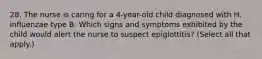 28. The nurse is caring for a 4-year-old child diagnosed with H. influenzae type B. Which signs and symptoms exhibited by the child would alert the nurse to suspect epiglottitis? (Select all that apply.)