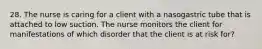 28. The nurse is caring for a client with a nasogastric tube that is attached to low suction. The nurse monitors the client for manifestations of which disorder that the client is at risk for?