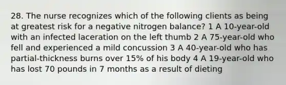 28. The nurse recognizes which of the following clients as being at greatest risk for a negative nitrogen balance? 1 A 10-year-old with an infected laceration on the left thumb 2 A 75-year-old who fell and experienced a mild concussion 3 A 40-year-old who has partial-thickness burns over 15% of his body 4 A 19-year-old who has lost 70 pounds in 7 months as a result of dieting