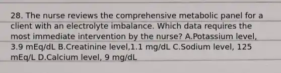 28. The nurse reviews the comprehensive metabolic panel for a client with an electrolyte imbalance. Which data requires the most immediate intervention by the nurse? A.Potassium level, 3.9 mEq/dL B.Creatinine level,1.1 mg/dL C.Sodium level, 125 mEq/L D.Calcium level, 9 mg/dL