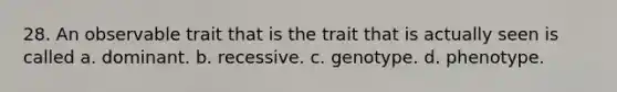 28. An observable trait that is the trait that is actually seen is called a. dominant. b. recessive. c. genotype. d. phenotype.