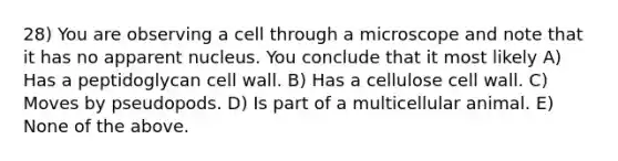 28) You are observing a cell through a microscope and note that it has no apparent nucleus. You conclude that it most likely A) Has a peptidoglycan cell wall. B) Has a cellulose cell wall. C) Moves by pseudopods. D) Is part of a multicellular animal. E) None of the above.