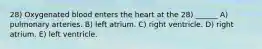 28) Oxygenated blood enters the heart at the 28) ______ A) pulmonary arteries. B) left atrium. C) right ventricle. D) right atrium. E) left ventricle.