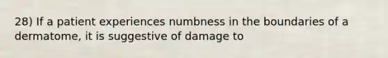 28) If a patient experiences numbness in the boundaries of a dermatome, it is suggestive of damage to