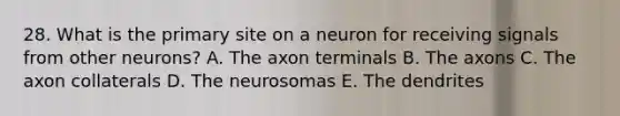 28. What is the primary site on a neuron for receiving signals from other neurons? A. The axon terminals B. The axons C. The axon collaterals D. The neurosomas E. The dendrites