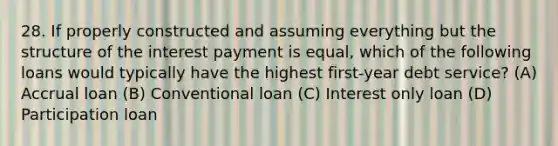 28. If properly constructed and assuming everything but the structure of the interest payment is equal, which of the following loans would typically have the highest first-year debt service? (A) Accrual loan (B) Conventional loan (C) Interest only loan (D) Participation loan