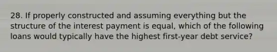 28. If properly constructed and assuming everything but the structure of the interest payment is equal, which of the following loans would typically have the highest first-year debt service?