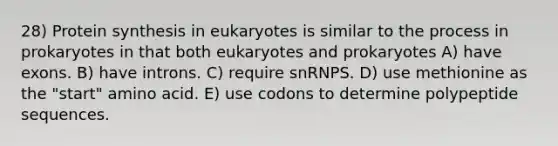 28) <a href='https://www.questionai.com/knowledge/kVyphSdCnD-protein-synthesis' class='anchor-knowledge'>protein synthesis</a> in eukaryotes is similar to the process in prokaryotes in that both eukaryotes and prokaryotes A) have exons. B) have introns. C) require snRNPS. D) use methionine as the "start" amino acid. E) use codons to determine polypeptide sequences.