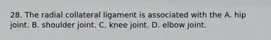 28. The radial collateral ligament is associated with the A. hip joint. B. shoulder joint. C. knee joint. D. elbow joint.