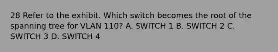 28 Refer to the exhibit. Which switch becomes the root of the spanning tree for VLAN 110? A. SWITCH 1 B. SWITCH 2 C. SWITCH 3 D. SWITCH 4