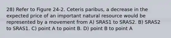 28) Refer to Figure 24-2. Ceteris paribus, a decrease in the expected price of an important natural resource would be represented by a movement from A) SRAS1 to SRAS2. B) SRAS2 to SRAS1. C) point A to point B. D) point B to point A