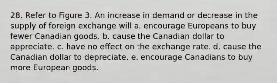 28. Refer to Figure 3. An increase in demand or decrease in the supply of foreign exchange will a. encourage Europeans to buy fewer Canadian goods. b. cause the Canadian dollar to appreciate. c. have no effect on the exchange rate. d. cause the Canadian dollar to depreciate. e. encourage Canadians to buy more European goods.