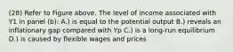 (28) Refer to Figure above. The level of income associated with Y1 in panel (b): A.) is equal to the potential output B.) reveals an inflationary gap compared with Yp C.) is a long-run equilibrium D.) is caused by flexible wages and prices