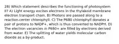 28) Which statement describes the functioning of photosystem II? A) Light energy excites electrons in the thylakoid membrane electron transport chain. B) Photons are passed along to a reaction-center chlorophyll. C) The P680 chlorophyll donates a pair of protons to NADP+, which is thus converted to NADPH. D) The electron vacancies in P680+ are filled by electrons derived from water. E) The splitting of water yields molecular carbon dioxide as a by-product.