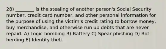 28) ________ is the stealing of another person's Social Security number, credit card number, and other personal information for the purpose of using the victim's credit rating to borrow money, buy merchandise, and otherwise run up debts that are never repaid. A) Logic bombing B) Battery C) Spear phishing D) Bot herding E) Identity theft