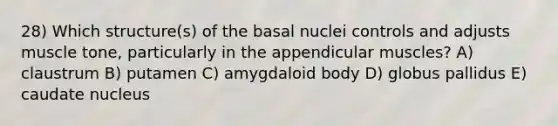 28) Which structure(s) of the basal nuclei controls and adjusts muscle tone, particularly in the appendicular muscles? A) claustrum B) putamen C) amygdaloid body D) globus pallidus E) caudate nucleus