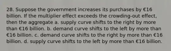 28. Suppose the government increases its purchases by €16 billion. If the multiplier effect exceeds the crowding-out effect, then the aggregate a. supply curve shifts to the right by <a href='https://www.questionai.com/knowledge/keWHlEPx42-more-than' class='anchor-knowledge'>more than</a> €16 billion. b. demand curve shifts to the left by more than €16 billion. c. demand curve shifts to the right by more than €16 billion. d. supply curve shifts to the left by more than €16 billion.