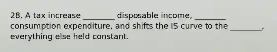 28. A tax increase ________ disposable income, ________ consumption expenditure, and shifts the IS curve to the ________, everything else held constant.