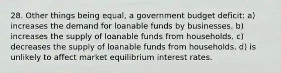 28. Other things being equal, a government budget deficit: a) increases the demand for loanable funds by businesses. b) increases the supply of loanable funds from households. c) decreases the supply of loanable funds from households. d) is unlikely to affect market equilibrium interest rates.