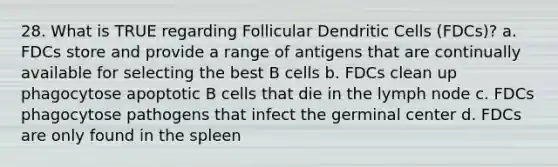 28. What is TRUE regarding Follicular Dendritic Cells (FDCs)? a. FDCs store and provide a range of antigens that are continually available for selecting the best B cells b. FDCs clean up phagocytose apoptotic B cells that die in the lymph node c. FDCs phagocytose pathogens that infect the germinal center d. FDCs are only found in the spleen