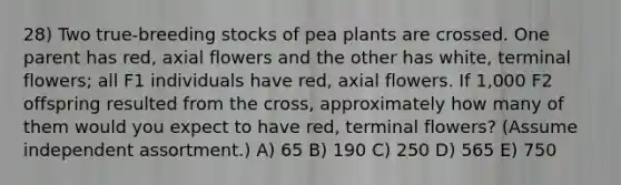 28) Two true-breeding stocks of pea plants are crossed. One parent has red, axial flowers and the other has white, terminal flowers; all F1 individuals have red, axial flowers. If 1,000 F2 offspring resulted from the cross, approximately how many of them would you expect to have red, terminal flowers? (Assume independent assortment.) A) 65 B) 190 C) 250 D) 565 E) 750