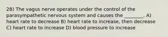 28) The vagus nerve operates under the control of the parasympathetic nervous system and causes the ________. A) heart rate to decrease B) heart rate to increase, then decrease C) heart rate to increase D) blood pressure to increase