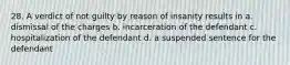 28. A verdict of not guilty by reason of insanity results in a. dismissal of the charges b. incarceration of the defendant c. hospitalization of the defendant d. a suspended sentence for the defendant