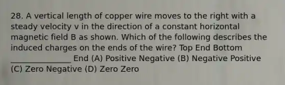 28. A vertical length of copper wire moves to the right with a steady velocity v in the direction of a constant horizontal magnetic field B as shown. Which of the following describes the induced charges on the ends of the wire? Top End Bottom _______________ End (A) Positive Negative (B) Negative Positive (C) Zero Negative (D) Zero Zero