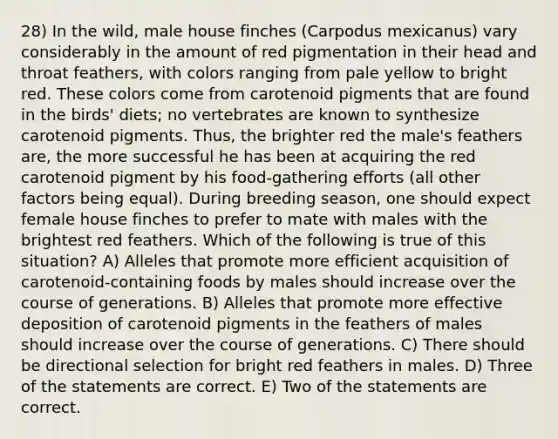 28) In the wild, male house finches (Carpodus mexicanus) vary considerably in the amount of red pigmentation in their head and throat feathers, with colors ranging from pale yellow to bright red. These colors come from carotenoid pigments that are found in the birds' diets; no vertebrates are known to synthesize carotenoid pigments. Thus, the brighter red the male's feathers are, the more successful he has been at acquiring the red carotenoid pigment by his food-gathering efforts (all other factors being equal). During breeding season, one should expect female house finches to prefer to mate with males with the brightest red feathers. Which of the following is true of this situation? A) Alleles that promote more efficient acquisition of carotenoid-containing foods by males should increase over the course of generations. B) Alleles that promote more effective deposition of carotenoid pigments in the feathers of males should increase over the course of generations. C) There should be directional selection for bright red feathers in males. D) Three of the statements are correct. E) Two of the statements are correct.