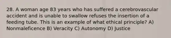 28. A woman age 83 years who has suffered a cerebrovascular accident and is unable to swallow refuses the insertion of a feeding tube. This is an example of what ethical principle? A) Nonmaleficence B) Veracity C) Autonomy D) Justice