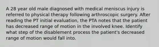 A 28 year old male diagnosed with medical meniscus injury is referred to physical therapy following arthroscopic surgery. After reading the PT initial evaluation, the PTA notes that the patient has decreased range of motion in the involved knee. Identify what step of the disablement process the patient's decreased range of motion would fall into.