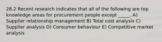 28.2 Recent research indicates that all of the following are top knowledge areas for procurement people except _____. A) Supplier relationship management B) Total cost analysis C) Supplier analysis D) Consumer behaviour E) Competitive market analysis