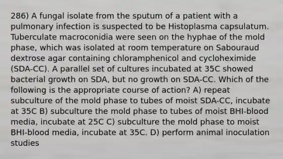 286) A fungal isolate from the sputum of a patient with a pulmonary infection is suspected to be Histoplasma capsulatum. Tuberculate macroconidia were seen on the hyphae of the mold phase, which was isolated at room temperature on Sabouraud dextrose agar containing chloramphenicol and cycloheximide (SDA-CC). A parallel set of cultures incubated at 35C showed bacterial growth on SDA, but no growth on SDA-CC. Which of the following is the appropriate course of action? A) repeat subculture of the mold phase to tubes of moist SDA-CC, incubate at 35C B) subculture the mold phase to tubes of moist BHI-blood media, incubate at 25C C) subculture the mold phase to moist BHI-blood media, incubate at 35C. D) perform animal inoculation studies