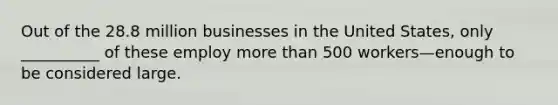 Out of the 28.8 million businesses in the United States, only __________ of these employ more than 500 workers—enough to be considered large.