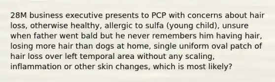 28M business executive presents to PCP with concerns about hair loss, otherwise healthy, allergic to sulfa (young child), unsure when father went bald but he never remembers him having hair, losing more hair than dogs at home, single uniform oval patch of hair loss over left temporal area without any scaling, inflammation or other skin changes, which is most likely?