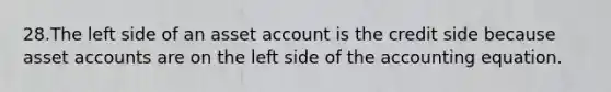 28.The left side of an asset account is the credit side because asset accounts are on the left side of the accounting equation.