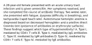 A 28-year-old female presented with an acute urinary tract infection and is given amoxicillin. Her symptoms resolved, and she completed the course of antibiotic therapy. Two weeks later, she presented with fatigue, dyspnea (difficulty in breathing), and tachycardia (rapid heart rate). Autoimmune hemolytic anemia is diagnosed based on decreased hemoglobin and a positive direct Coombs test (presence of antibodies on erythrocyte surfaces). These findings suggest which type of hypersensitivity? A. Type I, mediated by CD4+ T cells B. Type II, mediated by lgG antibodies C. Type Ill, mediated by lgM antibodies D. Type IV, mediated by CD4+ T cells E. Type IV, mediated by lgE antibodies