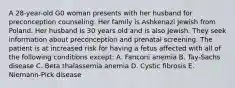 A 28-year-old G0 woman presents with her husband for preconception counseling. Her family is Ashkenazi Jewish from Poland. Her husband is 30 years old and is also Jewish. They seek information about preconception and prenatal screening. The patient is at increased risk for having a fetus affected with all of the following conditions except: A. Fanconi anemia B. Tay-Sachs disease C. Beta thalassemia anemia D. Cystic fibrosis E. Niemann-Pick disease